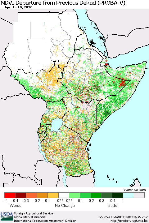 Eastern Africa NDVI Departure from Previous Dekad (PROBA-V) Thematic Map For 4/1/2020 - 4/10/2020