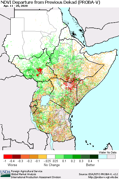 Eastern Africa NDVI Departure from Previous Dekad (PROBA-V) Thematic Map For 4/11/2020 - 4/20/2020