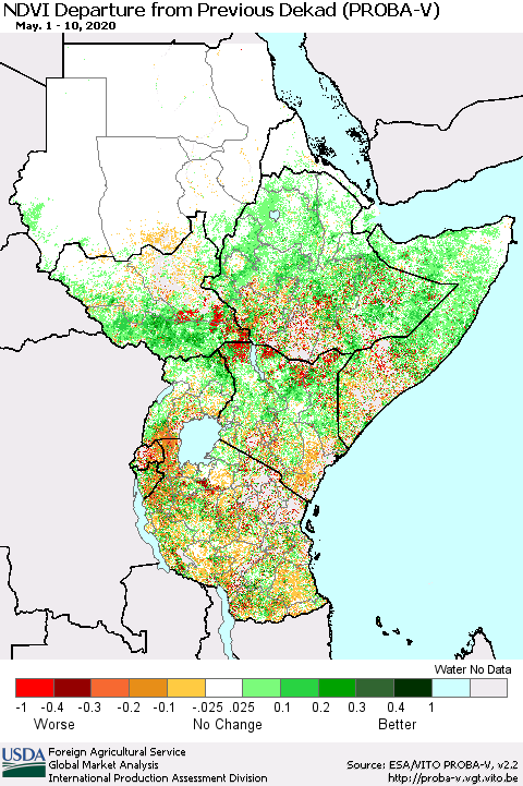 Eastern Africa NDVI Departure from Previous Dekad (PROBA-V) Thematic Map For 5/1/2020 - 5/10/2020