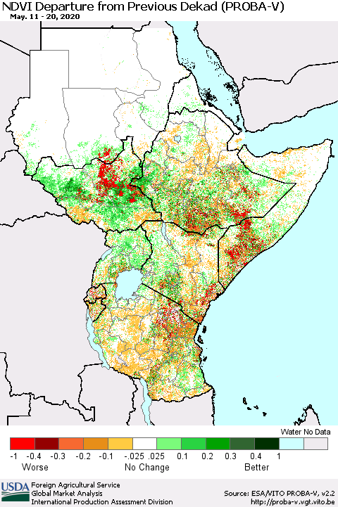 Eastern Africa NDVI Departure from Previous Dekad (PROBA-V) Thematic Map For 5/11/2020 - 5/20/2020