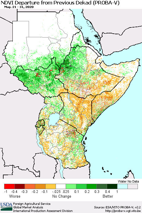 Eastern Africa NDVI Departure from Previous Dekad (PROBA-V) Thematic Map For 5/21/2020 - 5/31/2020