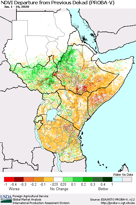 Eastern Africa NDVI Departure from Previous Dekad (PROBA-V) Thematic Map For 6/1/2020 - 6/10/2020