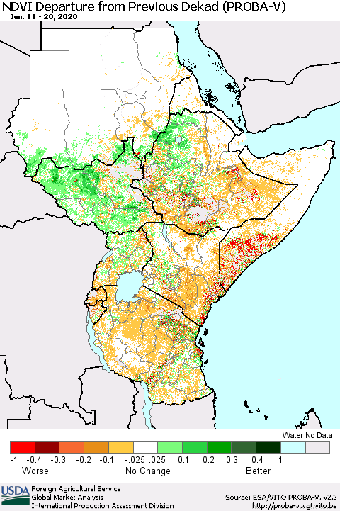 Eastern Africa NDVI Departure from Previous Dekad (PROBA-V) Thematic Map For 6/11/2020 - 6/20/2020