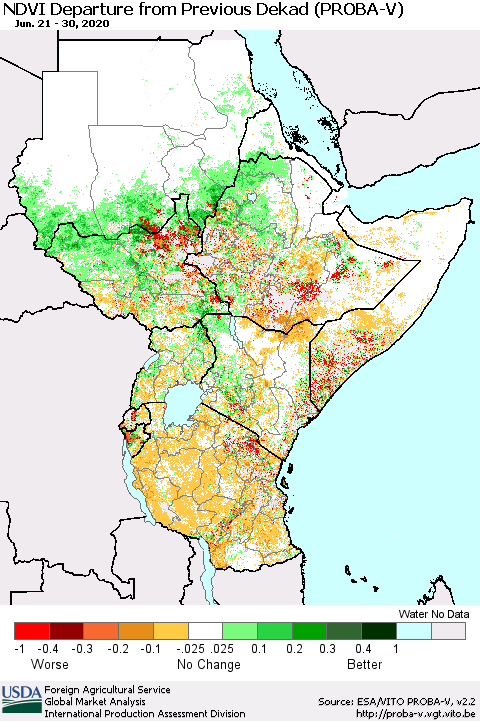 Eastern Africa NDVI Departure from Previous Dekad (PROBA-V) Thematic Map For 6/21/2020 - 6/30/2020