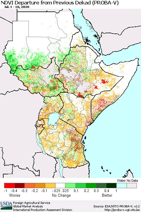 Eastern Africa NDVI Departure from Previous Dekad (PROBA-V) Thematic Map For 7/1/2020 - 7/10/2020