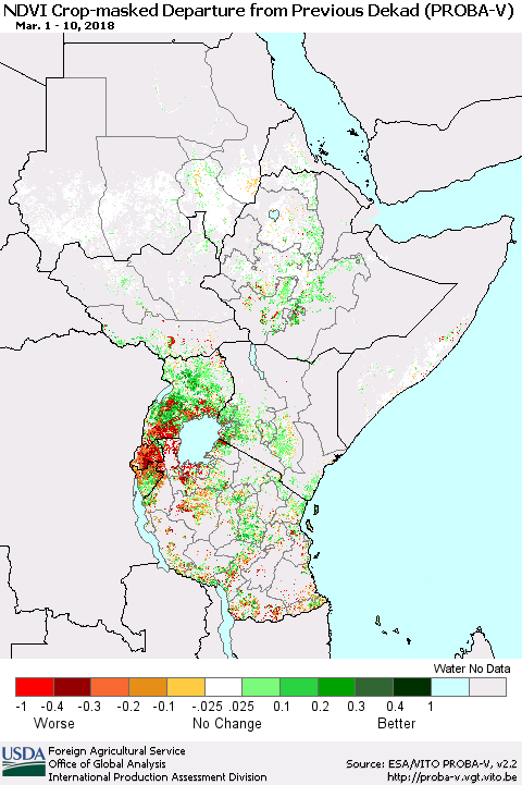 Eastern Africa NDVI Crop-masked Departure from Previous Dekad (PROBA-V) Thematic Map For 3/1/2018 - 3/10/2018