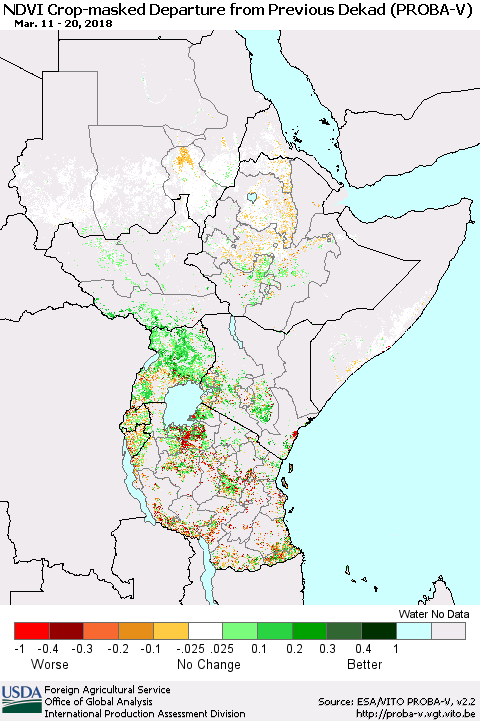 Eastern Africa NDVI Crop-masked Departure from Previous Dekad (PROBA-V) Thematic Map For 3/11/2018 - 3/20/2018