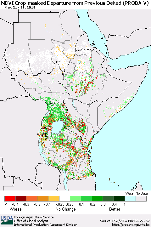 Eastern Africa NDVI Crop-masked Departure from Previous Dekad (PROBA-V) Thematic Map For 3/21/2018 - 3/31/2018