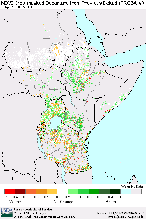 Eastern Africa NDVI Crop-masked Departure from Previous Dekad (PROBA-V) Thematic Map For 4/1/2018 - 4/10/2018