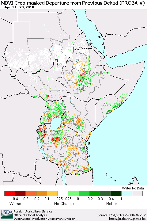 Eastern Africa NDVI Crop-masked Departure from Previous Dekad (PROBA-V) Thematic Map For 4/11/2018 - 4/20/2018