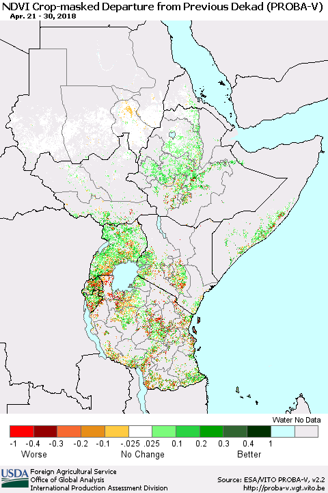 Eastern Africa NDVI Crop-masked Departure from Previous Dekad (PROBA-V) Thematic Map For 4/21/2018 - 4/30/2018