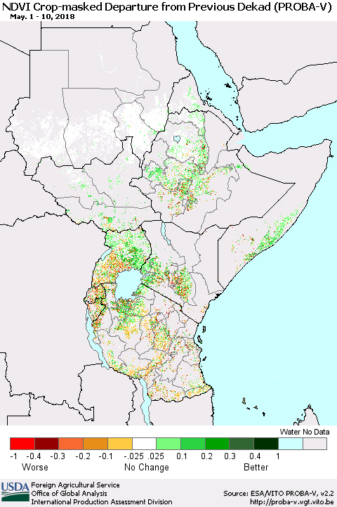 Eastern Africa NDVI Crop-masked Departure from Previous Dekad (PROBA-V) Thematic Map For 5/1/2018 - 5/10/2018