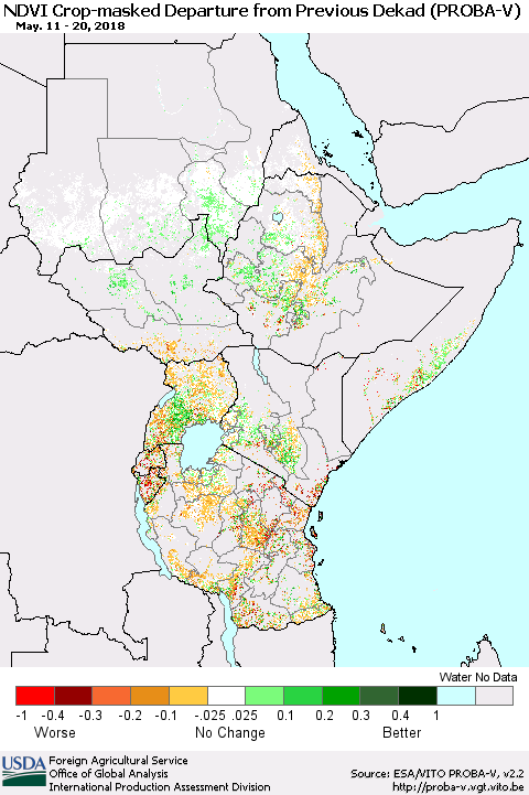 Eastern Africa NDVI Crop-masked Departure from Previous Dekad (PROBA-V) Thematic Map For 5/11/2018 - 5/20/2018