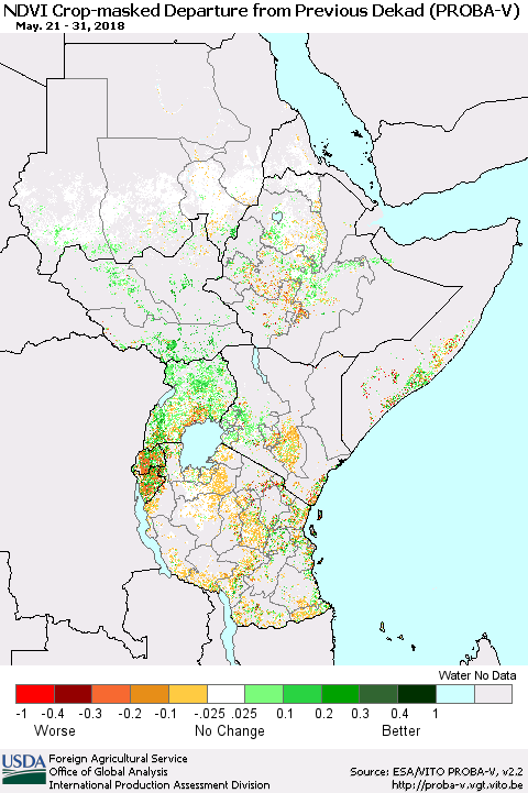 Eastern Africa NDVI Crop-masked Departure from Previous Dekad (PROBA-V) Thematic Map For 5/21/2018 - 5/31/2018