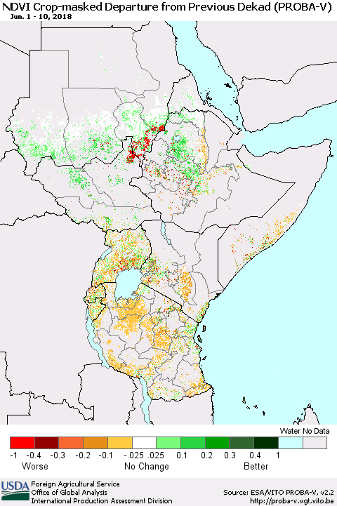 Eastern Africa NDVI Crop-masked Departure from Previous Dekad (PROBA-V) Thematic Map For 6/1/2018 - 6/10/2018