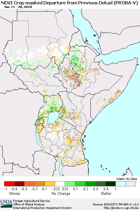 Eastern Africa NDVI Crop-masked Departure from Previous Dekad (PROBA-V) Thematic Map For 6/11/2018 - 6/20/2018