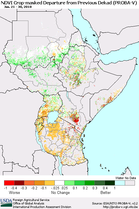 Eastern Africa NDVI Crop-masked Departure from Previous Dekad (PROBA-V) Thematic Map For 6/21/2018 - 6/30/2018