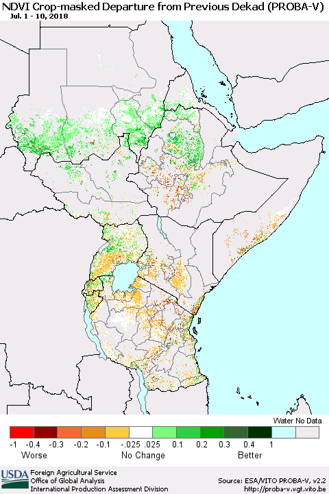 Eastern Africa NDVI Crop-masked Departure from Previous Dekad (PROBA-V) Thematic Map For 7/1/2018 - 7/10/2018