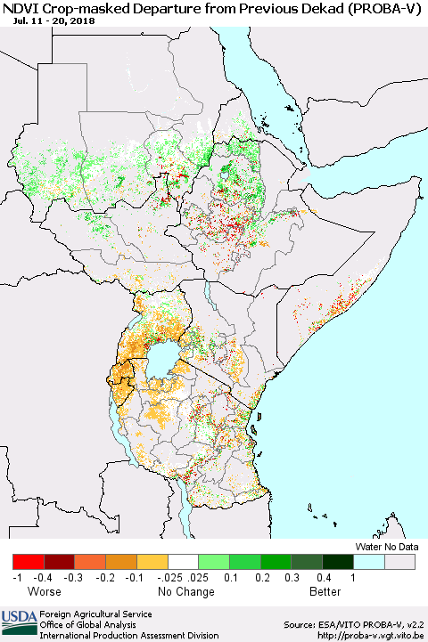 Eastern Africa NDVI Crop-masked Departure from Previous Dekad (PROBA-V) Thematic Map For 7/11/2018 - 7/20/2018