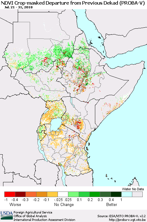 Eastern Africa NDVI Crop-masked Departure from Previous Dekad (PROBA-V) Thematic Map For 7/21/2018 - 7/31/2018