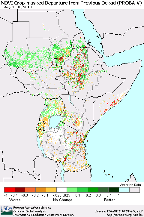 Eastern Africa NDVI Crop-masked Departure from Previous Dekad (PROBA-V) Thematic Map For 8/1/2018 - 8/10/2018