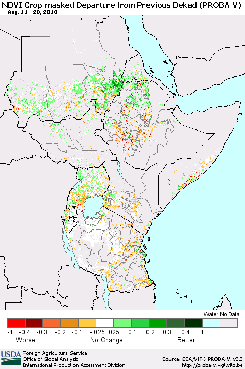 Eastern Africa NDVI Crop-masked Departure from Previous Dekad (PROBA-V) Thematic Map For 8/11/2018 - 8/20/2018