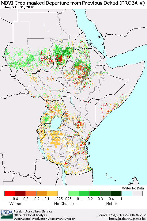 Eastern Africa NDVI Crop-masked Departure from Previous Dekad (PROBA-V) Thematic Map For 8/21/2018 - 8/31/2018