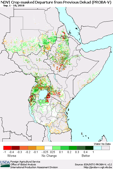 Eastern Africa NDVI Crop-masked Departure from Previous Dekad (PROBA-V) Thematic Map For 9/1/2018 - 9/10/2018