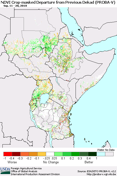 Eastern Africa NDVI Crop-masked Departure from Previous Dekad (PROBA-V) Thematic Map For 9/11/2018 - 9/20/2018