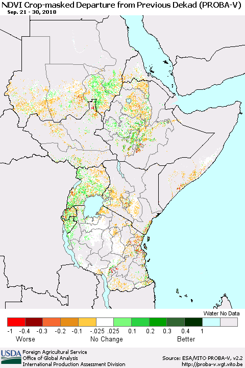 Eastern Africa NDVI Crop-masked Departure from Previous Dekad (PROBA-V) Thematic Map For 9/21/2018 - 9/30/2018