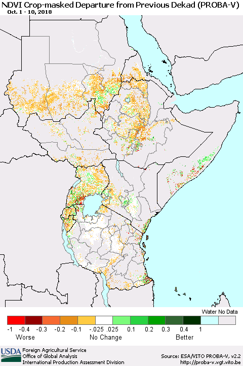 Eastern Africa NDVI Crop-masked Departure from Previous Dekad (PROBA-V) Thematic Map For 10/1/2018 - 10/10/2018