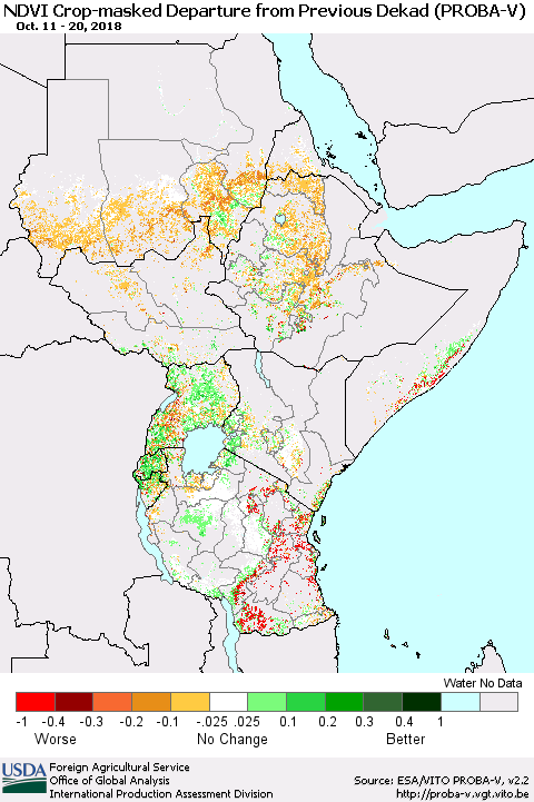 Eastern Africa NDVI Crop-masked Departure from Previous Dekad (PROBA-V) Thematic Map For 10/11/2018 - 10/20/2018