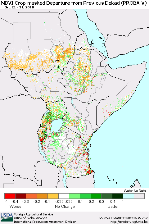 Eastern Africa NDVI Crop-masked Departure from Previous Dekad (PROBA-V) Thematic Map For 10/21/2018 - 10/31/2018