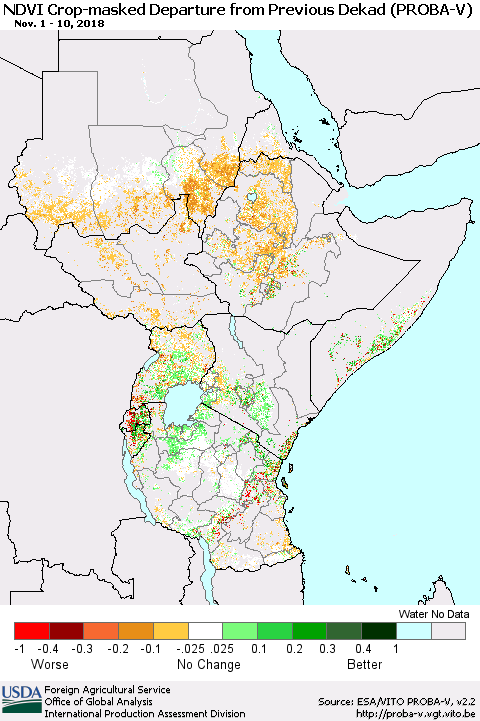 Eastern Africa NDVI Crop-masked Departure from Previous Dekad (PROBA-V) Thematic Map For 11/1/2018 - 11/10/2018