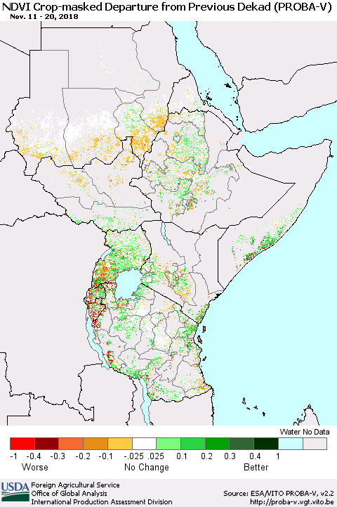 Eastern Africa NDVI Crop-masked Departure from Previous Dekad (PROBA-V) Thematic Map For 11/11/2018 - 11/20/2018