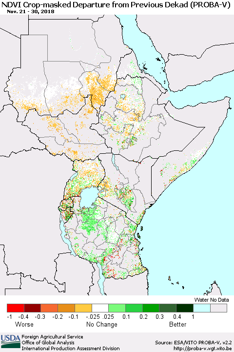 Eastern Africa NDVI Crop-masked Departure from Previous Dekad (PROBA-V) Thematic Map For 11/21/2018 - 11/30/2018
