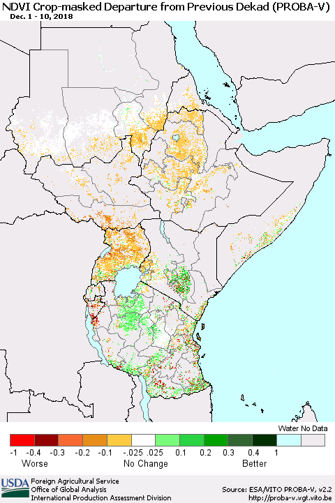 Eastern Africa NDVI Crop-masked Departure from Previous Dekad (PROBA-V) Thematic Map For 12/1/2018 - 12/10/2018