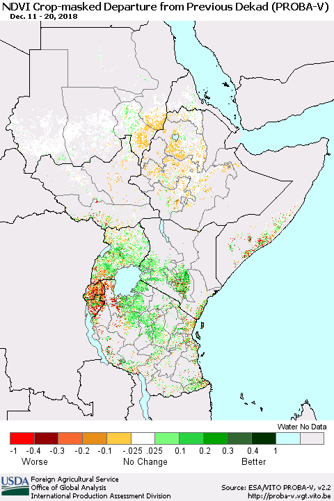Eastern Africa NDVI Crop-masked Departure from Previous Dekad (PROBA-V) Thematic Map For 12/11/2018 - 12/20/2018
