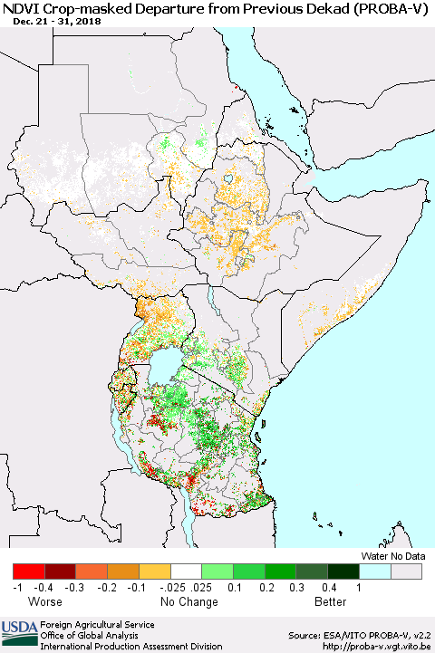 Eastern Africa NDVI Crop-masked Departure from Previous Dekad (PROBA-V) Thematic Map For 12/21/2018 - 12/31/2018