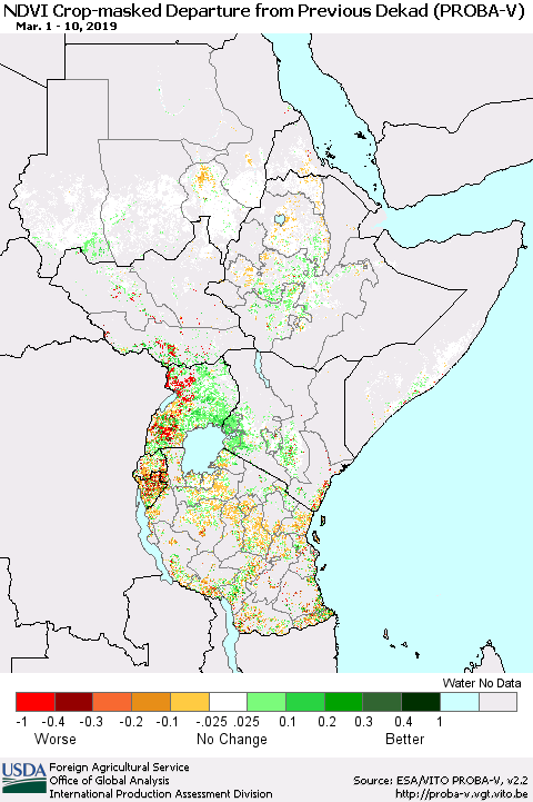 Eastern Africa NDVI Crop-masked Departure from Previous Dekad (PROBA-V) Thematic Map For 3/1/2019 - 3/10/2019