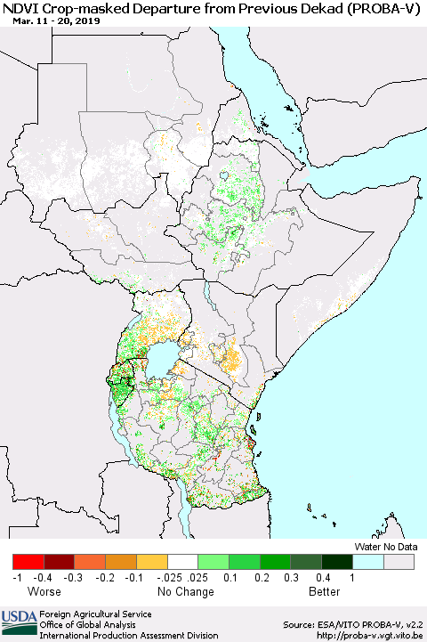 Eastern Africa NDVI Crop-masked Departure from Previous Dekad (PROBA-V) Thematic Map For 3/11/2019 - 3/20/2019
