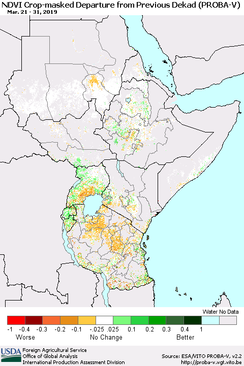 Eastern Africa NDVI Crop-masked Departure from Previous Dekad (PROBA-V) Thematic Map For 3/21/2019 - 3/31/2019
