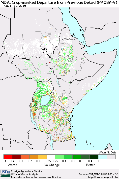Eastern Africa NDVI Crop-masked Departure from Previous Dekad (PROBA-V) Thematic Map For 4/1/2019 - 4/10/2019
