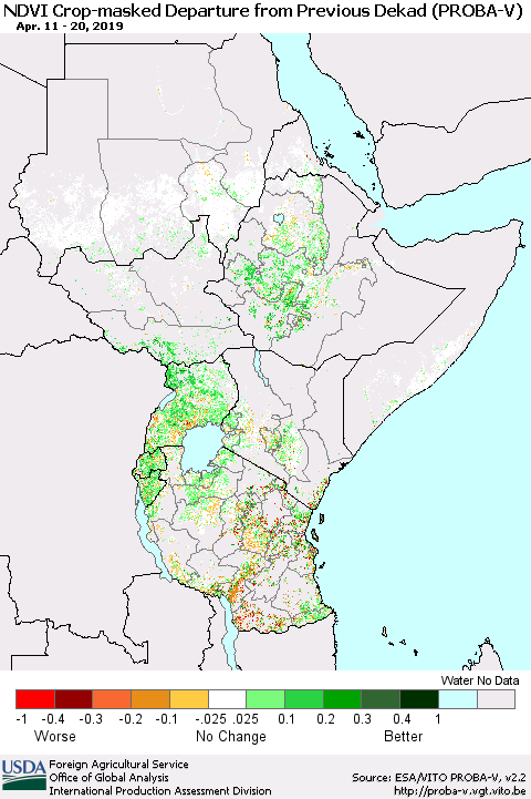 Eastern Africa NDVI Crop-masked Departure from Previous Dekad (PROBA-V) Thematic Map For 4/11/2019 - 4/20/2019