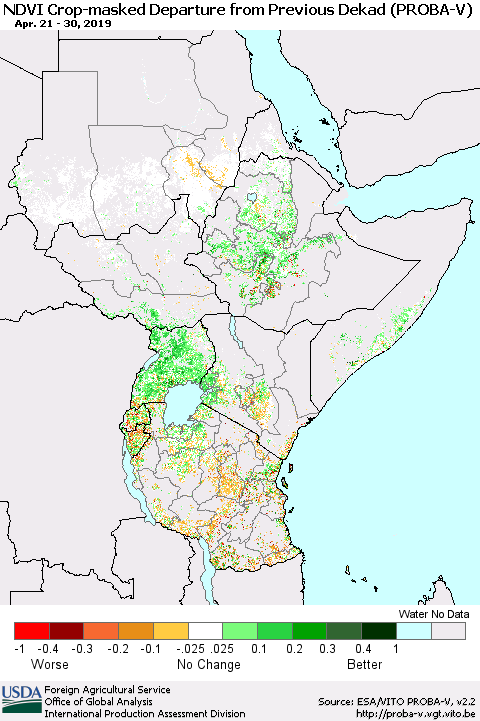 Eastern Africa NDVI Crop-masked Departure from Previous Dekad (PROBA-V) Thematic Map For 4/21/2019 - 4/30/2019