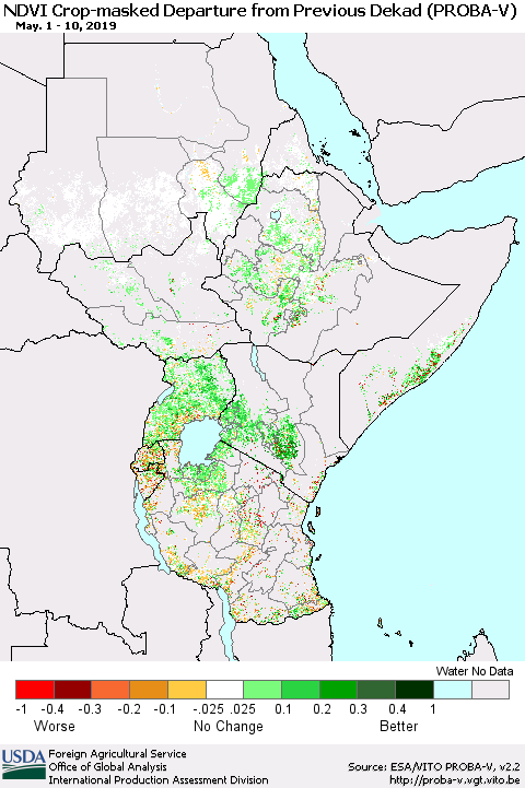Eastern Africa NDVI Crop-masked Departure from Previous Dekad (PROBA-V) Thematic Map For 5/1/2019 - 5/10/2019
