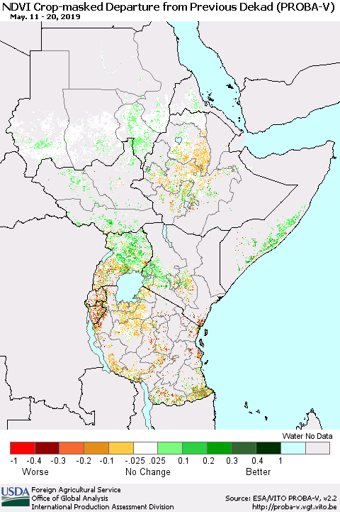 Eastern Africa NDVI Crop-masked Departure from Previous Dekad (PROBA-V) Thematic Map For 5/11/2019 - 5/20/2019