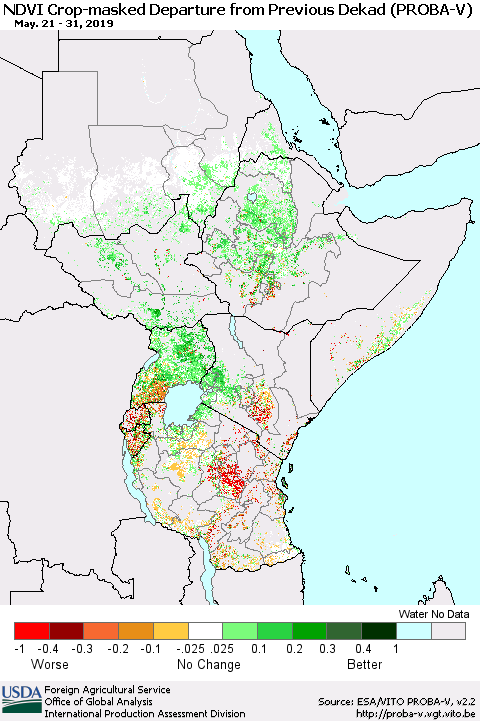 Eastern Africa NDVI Crop-masked Departure from Previous Dekad (PROBA-V) Thematic Map For 5/21/2019 - 5/31/2019