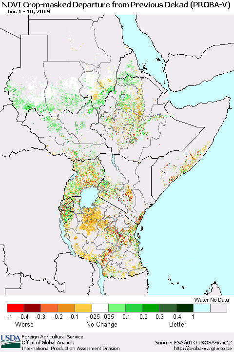 Eastern Africa NDVI Crop-masked Departure from Previous Dekad (PROBA-V) Thematic Map For 6/1/2019 - 6/10/2019