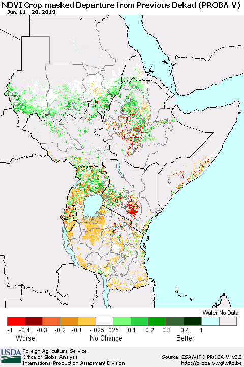 Eastern Africa NDVI Crop-masked Departure from Previous Dekad (PROBA-V) Thematic Map For 6/11/2019 - 6/20/2019